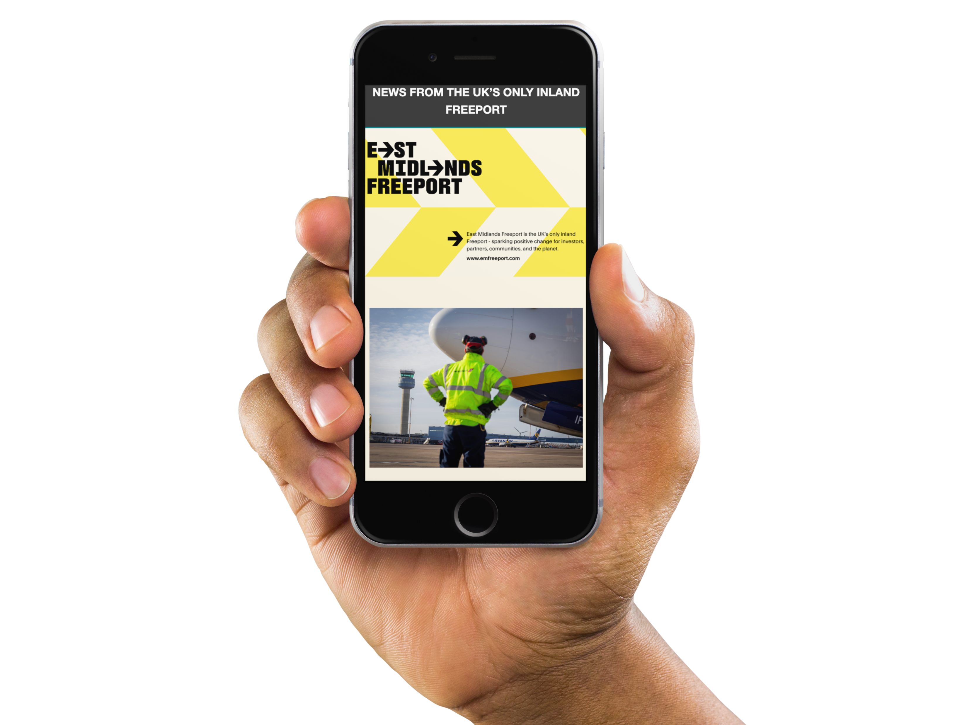 iphone showing East Midlands Freeport new newsletter